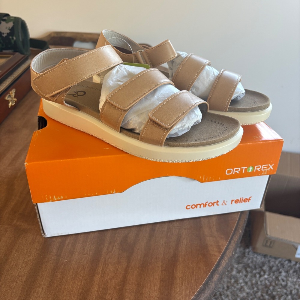 Ortorex Sandals Women 9 Comfort Relief Orthopedic Triple Strap Tan Hook & Loop